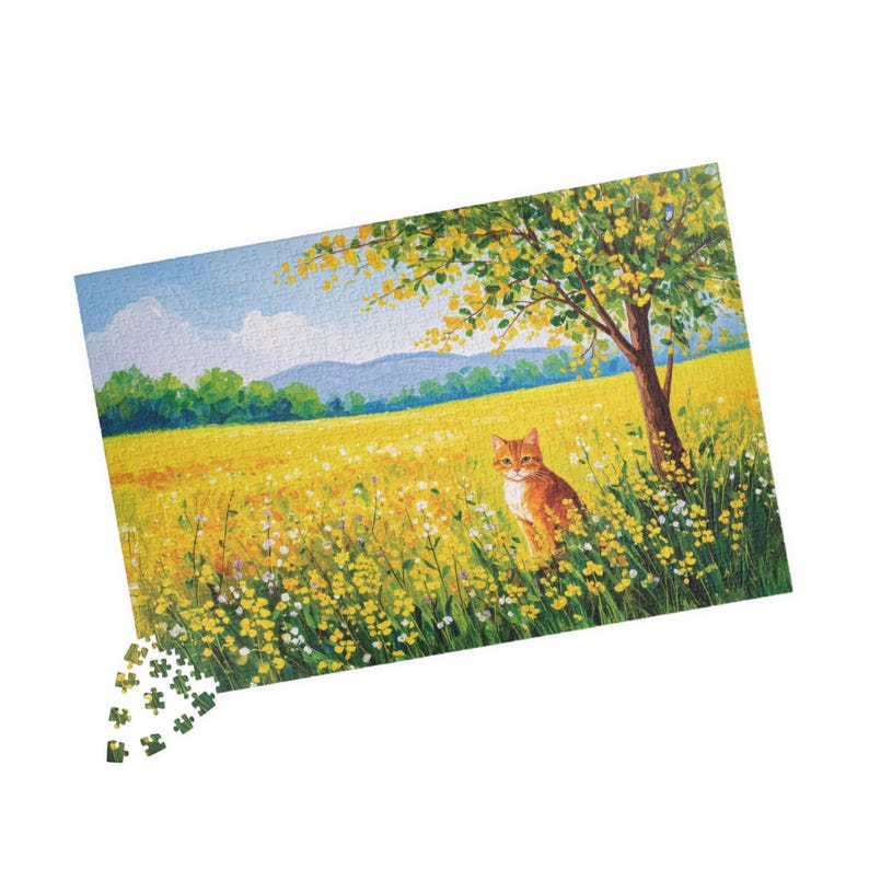 Golden Meadow Cat Jigsaw Puzzle 1000 Piece Floral Design