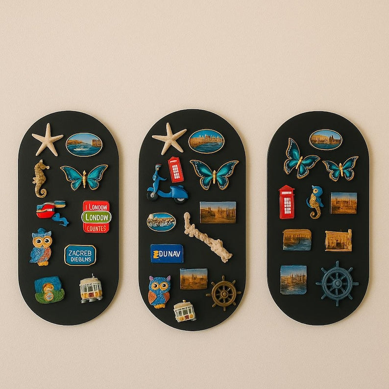 3D Metal Magnet Display Board, Oval Travel Magnet Holder, Modern Wall Art for Photo & Memo, Fridge Magnet Alternative Decor