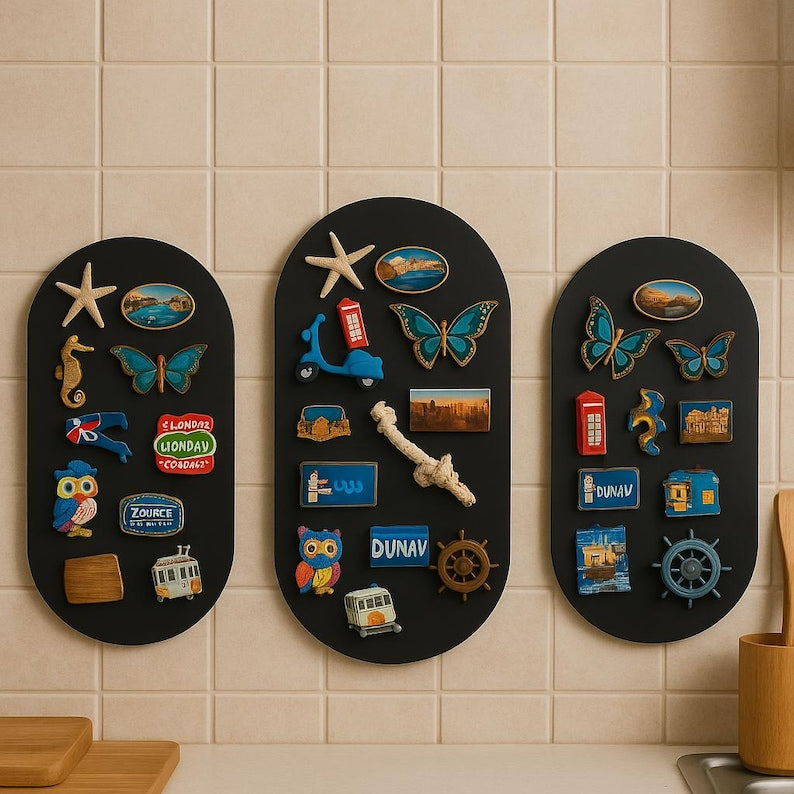 3D Metal Magnet Display Board, Oval Travel Magnet Holder, Modern Wall Art for Photo & Memo, Fridge Magnet Alternative Decor