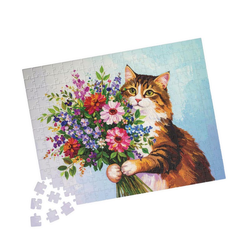 Bouquet Cat Jigsaw Puzzle: Floral Feline Art, Relaxing Activity