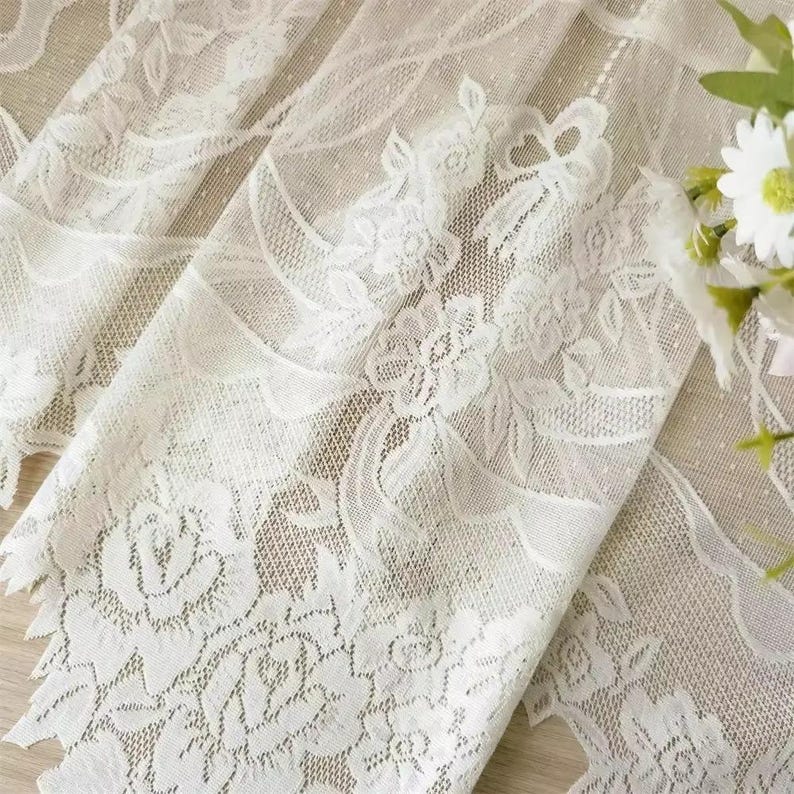 Rideau café en dentelle jaune transparent festonné passe-tringle