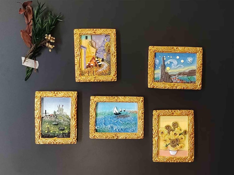 5 Styles World Famous Painting Magnetic Gifts for Kitchen Decor, Mini Painting Fridge Magnet Gifts for Mom, 3D Mini Famous Art Framed Magnet