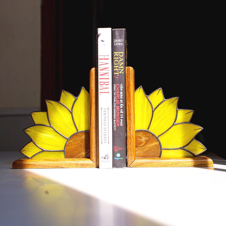 Stained Glass Sunflower Bookends Floral Glass Library Decor