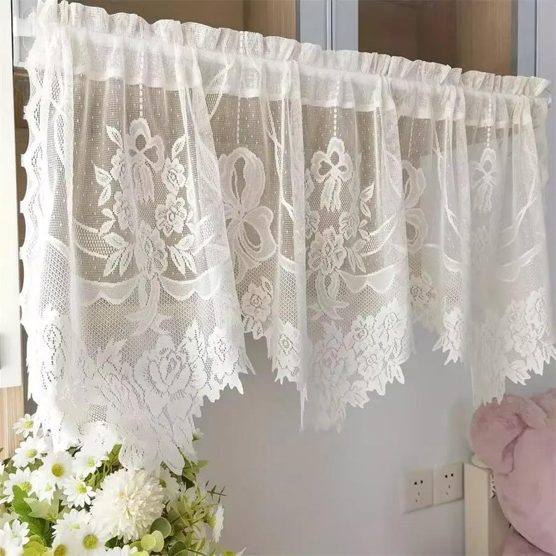 Rideau café en dentelle jaune transparent festonné passe-tringle