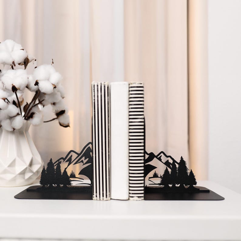 Mountain Peak Bookends Black Metal Nature Shelf Decor