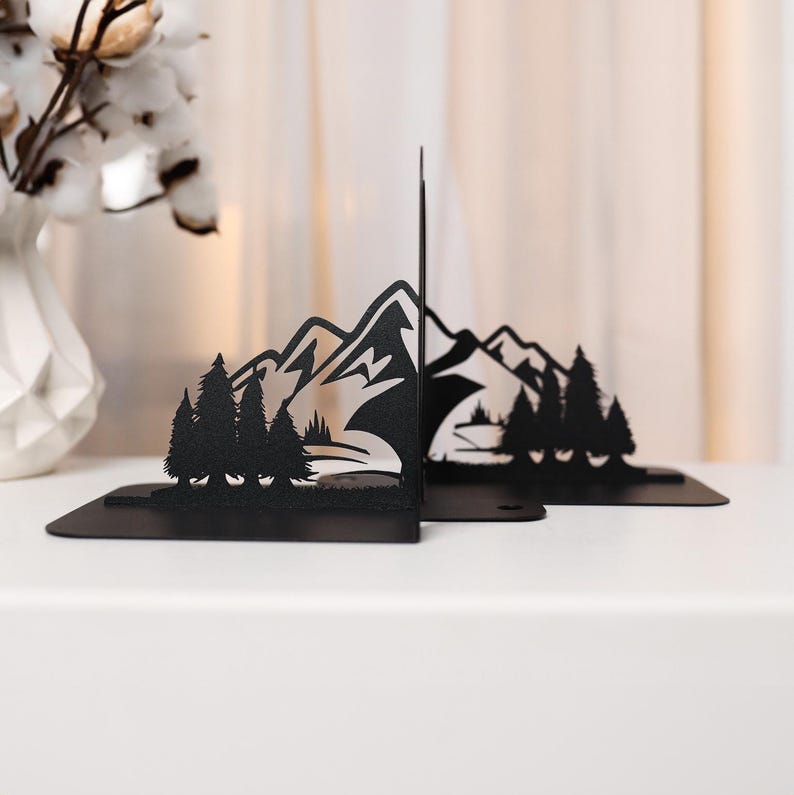 Mountain Peak Bookends Black Metal Nature Shelf Decor