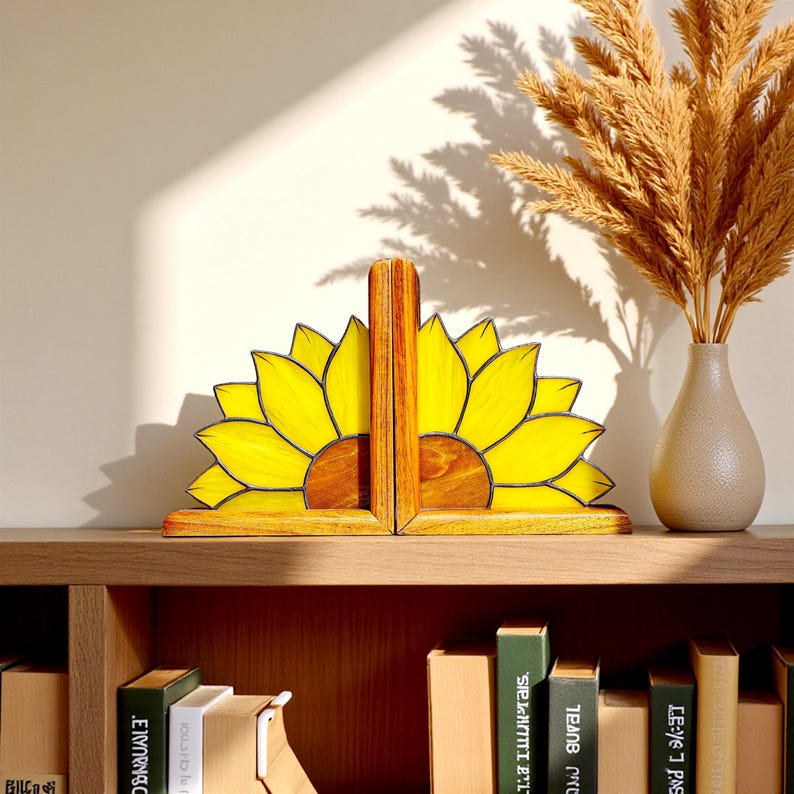 Stained Glass Sunflower Bookends Floral Glass Library Decor