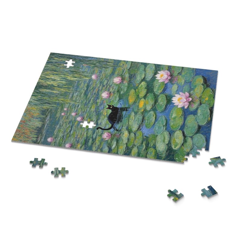 Black Cat in Monet Water Lilies Puzzle Unique Art Jigsaw, Impressionist Style