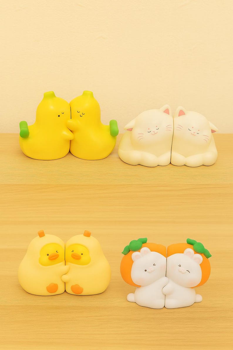 Animal Bookends – Banana, Cat, Duck and Bunny Hug Bookend Set – Decorative Resin Book Holder for Kids Room, Nursery & Home Office