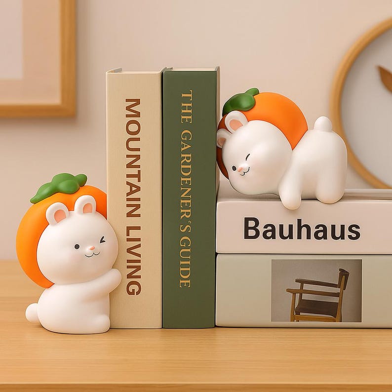 Animal Bookends – Banana, Cat, Duck and Bunny Hug Bookend Set – Decorative Resin Book Holder for Kids Room, Nursery & Home Office