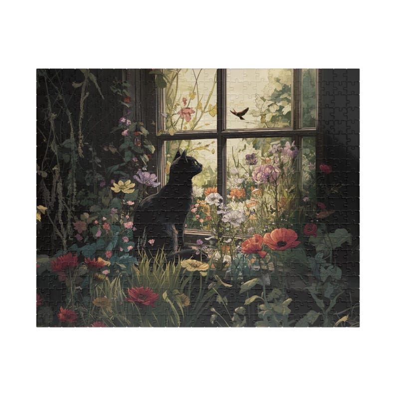Black Cat Watching Bird Puzzle 110–1014 Pieces Flowers Scene