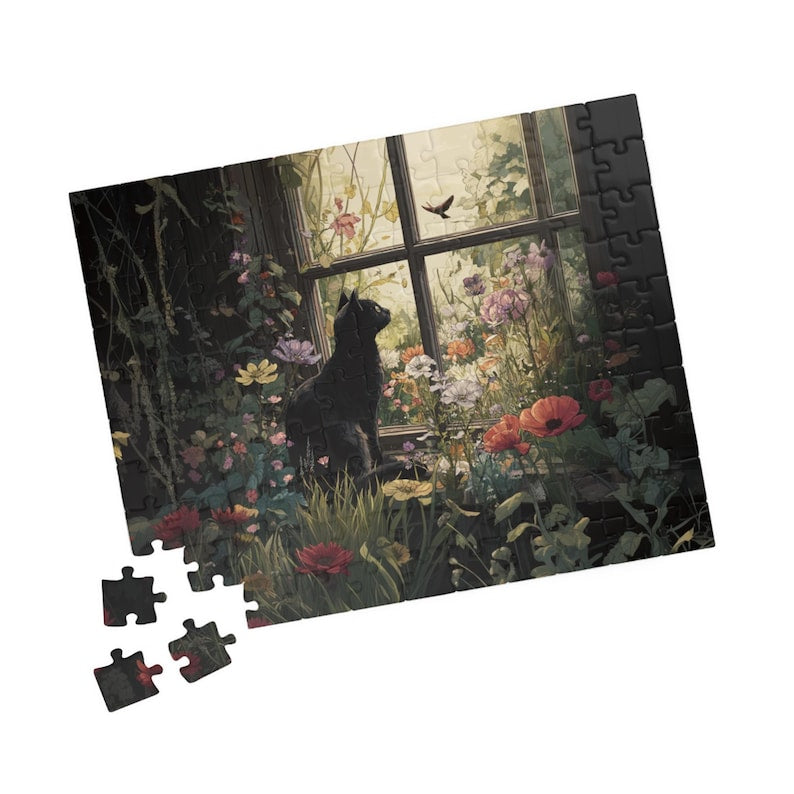 Black Cat Watching Bird Puzzle 110–1014 Pieces Flowers Scene