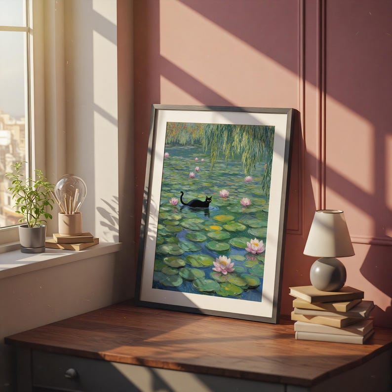 Black Cat in Monet Water Lilies Puzzle Unique Art Jigsaw, Impressionist Style