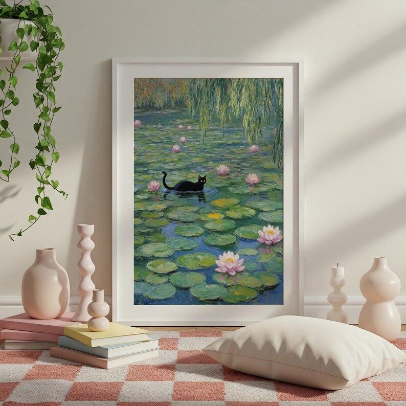 Black Cat in Monet Water Lilies Puzzle Unique Art Jigsaw, Impressionist Style