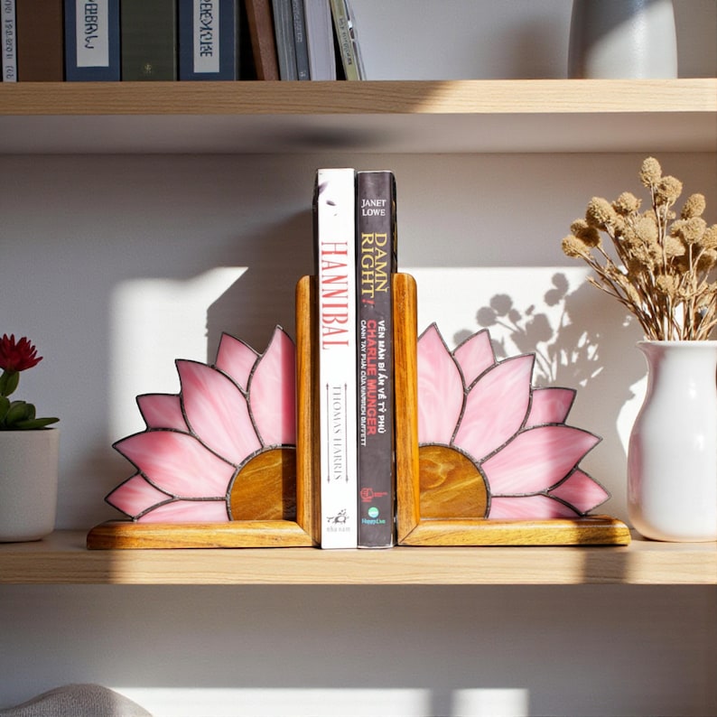 Stained Glass Sunflower Bookends Floral Glass Library Decor
