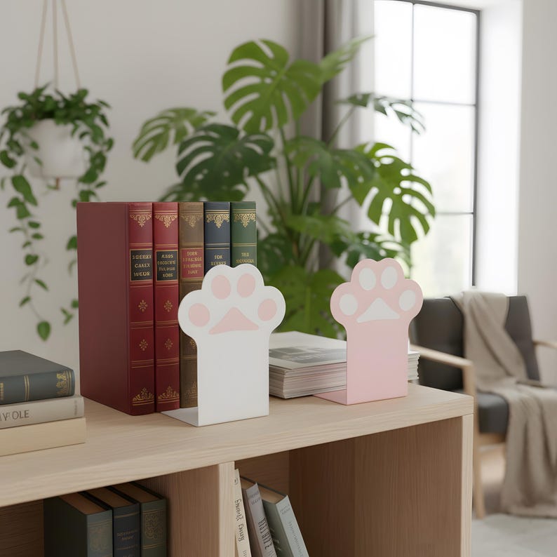 Cat Paw Bookends Pink and White Metal Shelf Decor