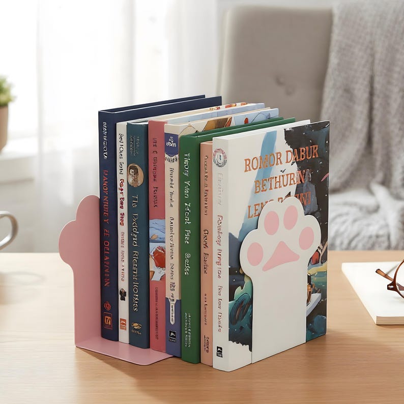 Cat Paw Bookends Pink and White Metal Shelf Decor
