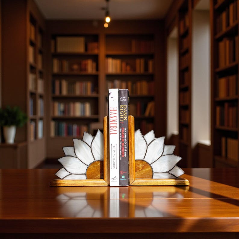 Stained Glass Sunflower Bookends Floral Glass Library Decor