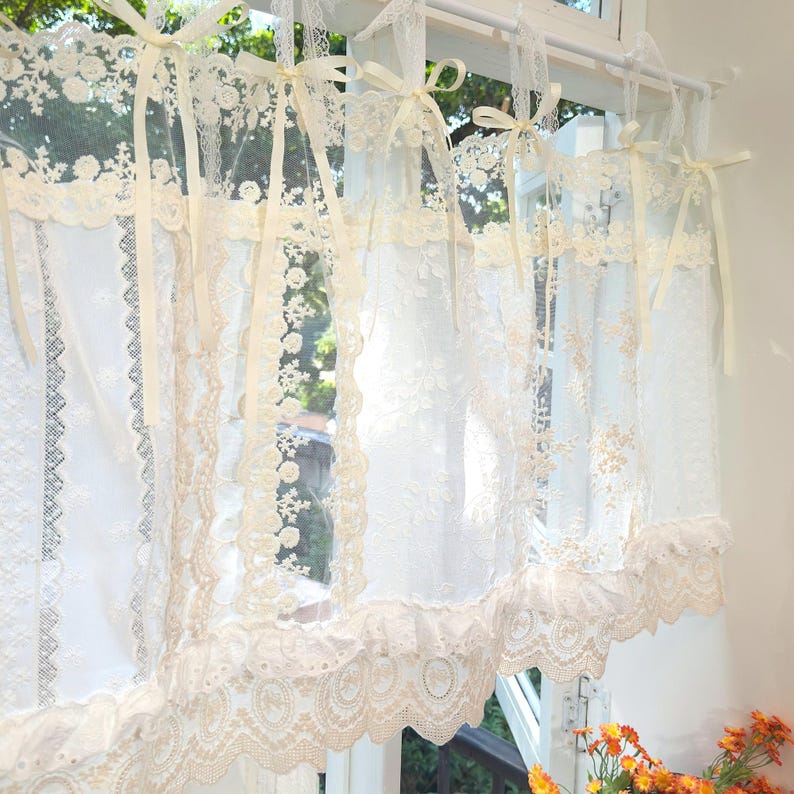 Rideau café en dentelle patchwork ivoire shabby chic cuisine