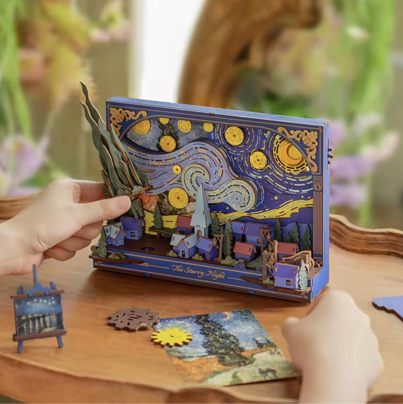 The Starry Night 3D Wooden Puzzle with LED Light and Gears