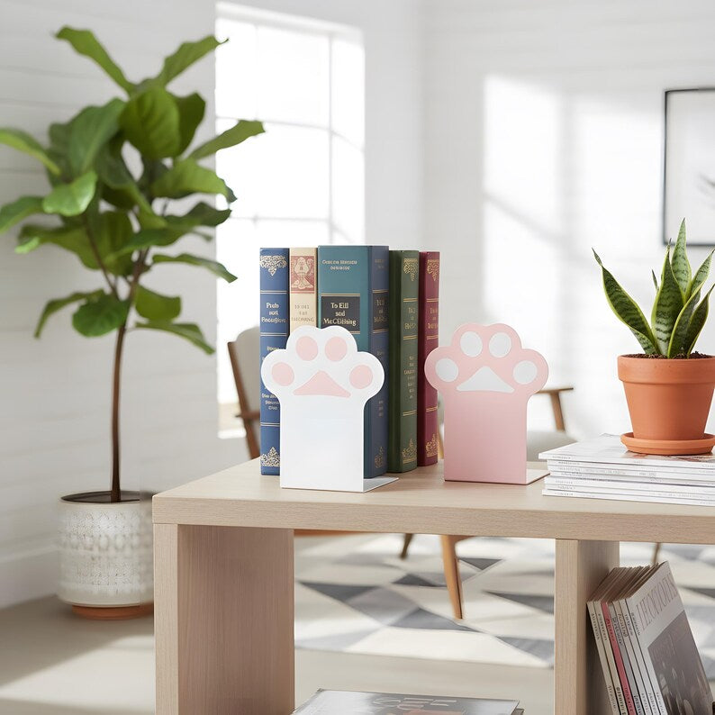 Cat Paw Bookends Pink and White Metal Shelf Decor