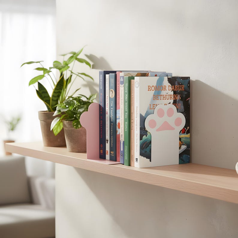 Cat Paw Bookends Pink and White Metal Shelf Decor