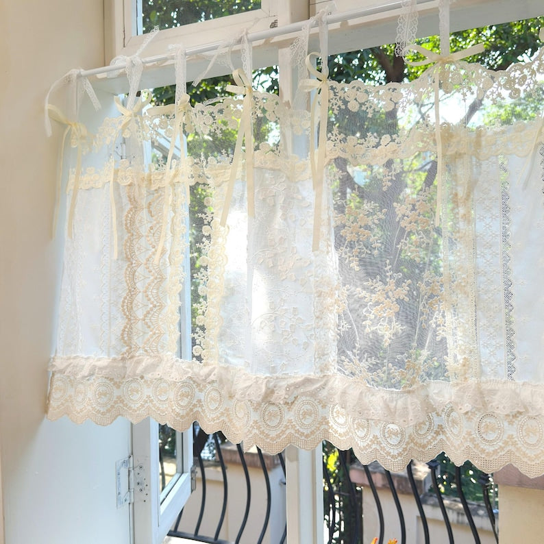 Rideau café en dentelle patchwork ivoire shabby chic cuisine