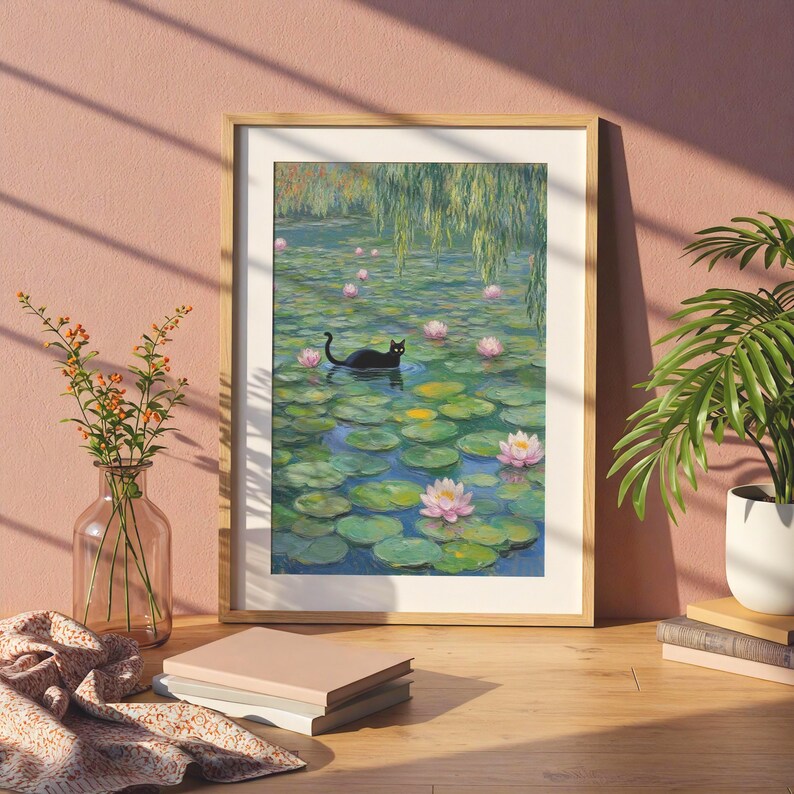Black Cat in Monet Water Lilies Puzzle Unique Art Jigsaw, Impressionist Style