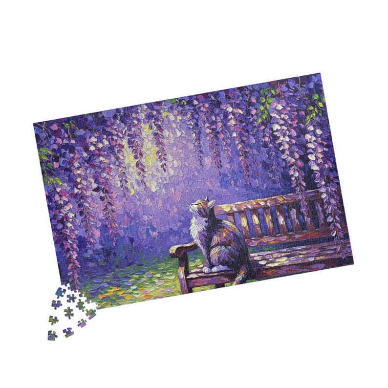 Wisteria Garden Cat Puzzle 1000 Piece | Impasto Oil Painting | Purple Floral Art | Springtime Aesthetic | Charity Donation | Unique Gift