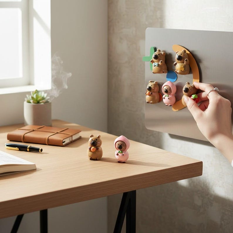 Capybara cartoon refrigerator magnets, brightly colored decorations