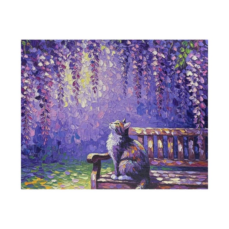 Wisteria Garden Cat Puzzle 1000 Piece | Impasto Oil Painting | Purple Floral Art | Springtime Aesthetic | Charity Donation | Unique Gift