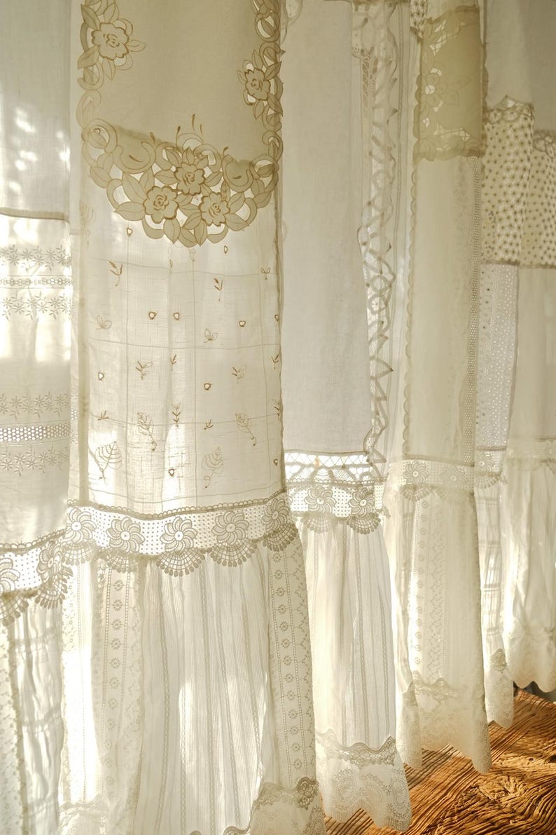 Rideau café en dentelle patchwork victorien bohème romantique blanc