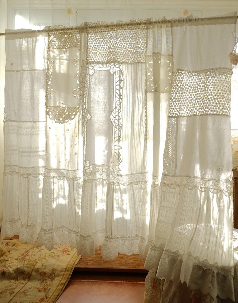 Rideau café en dentelle patchwork victorien bohème romantique blanc