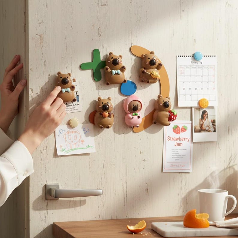 Capybara cartoon refrigerator magnets, brightly colored decorations