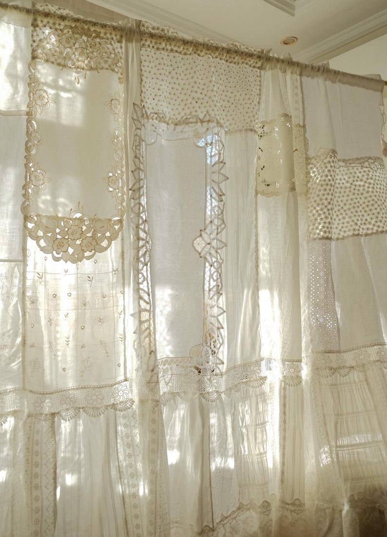 Rideau café en dentelle patchwork victorien bohème romantique blanc
