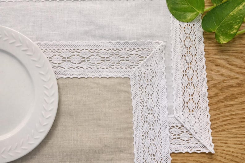 Set de 2 sets de table en lin faits main avec dentelle en coton – Vaisselle en lin naturel de qualité supérieure