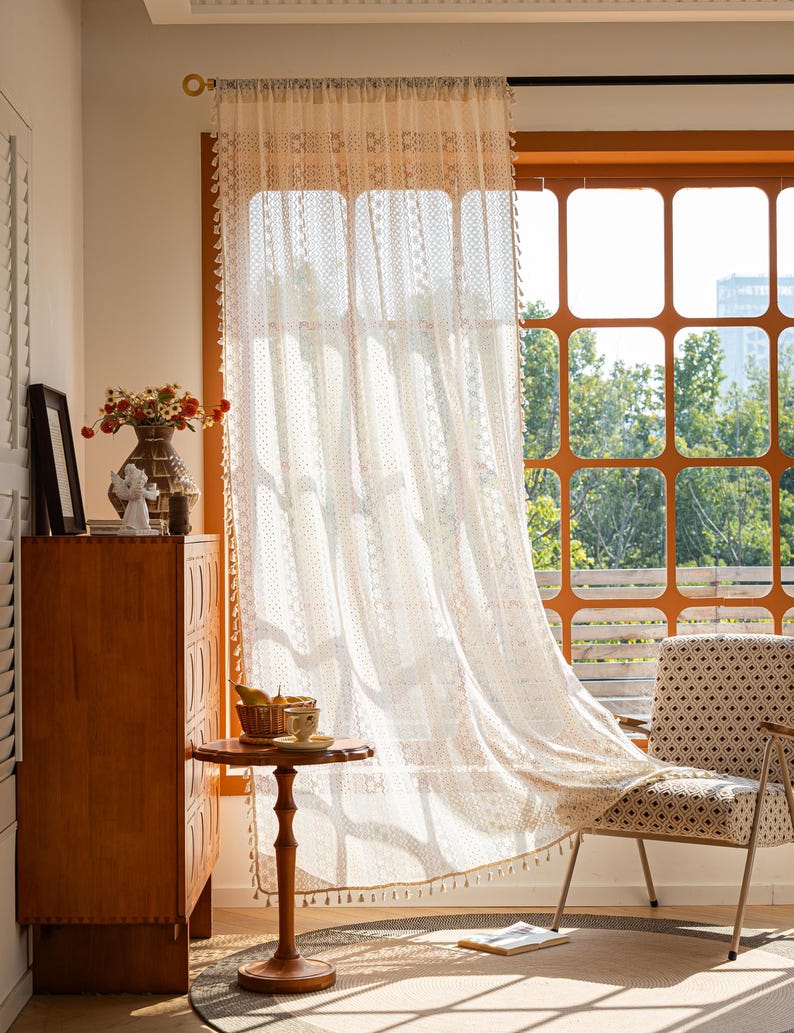 Rideaux de fleurs en dentelle au crochet beige bohème, rideau de cuisine de style campagnard filtrant la lumière, rideau creux avec pampilles, panneau de fenêtre semi-transparent café