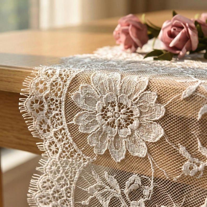 Chemin de table en dentelle florale brodée pour mariage élégant