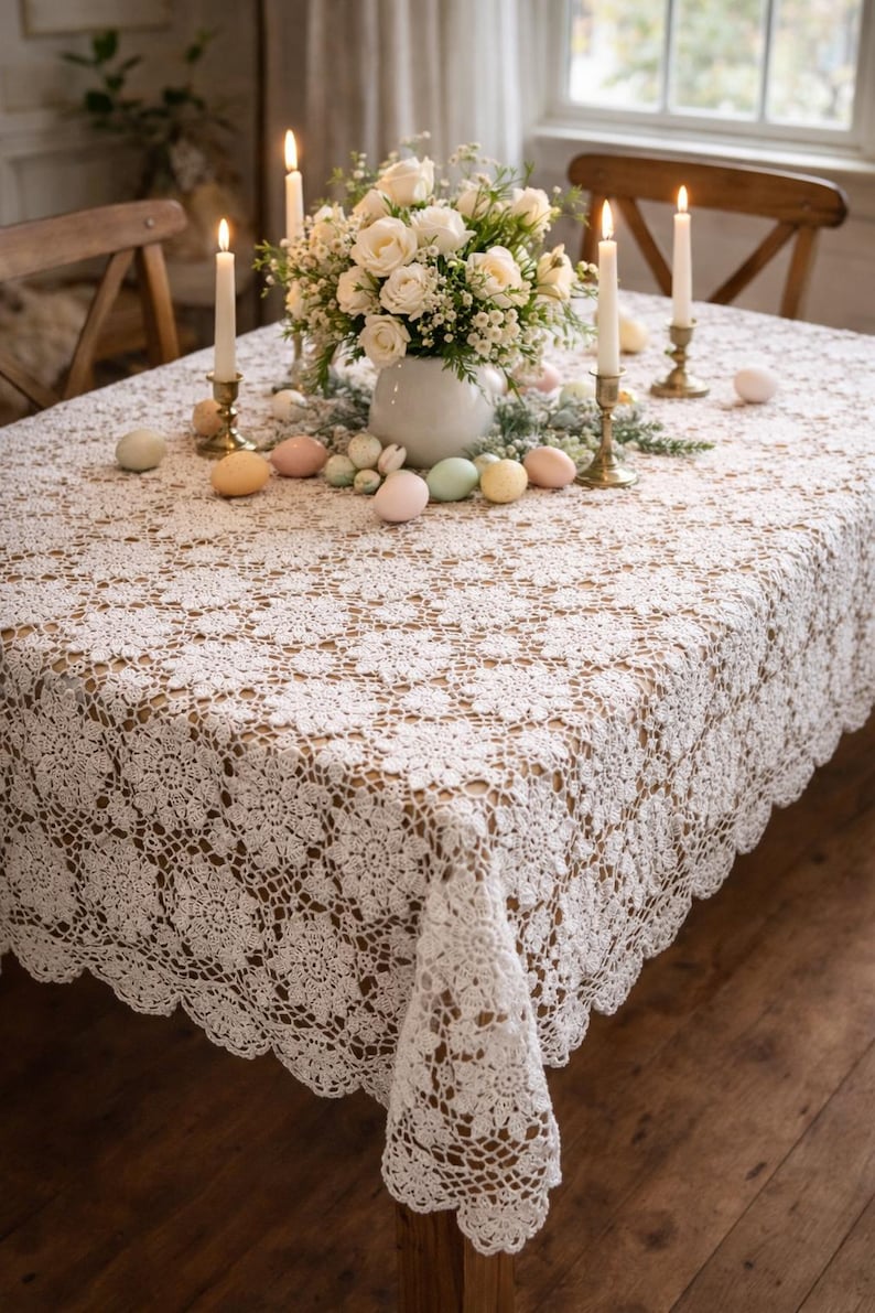 Nappe vintage en dentelle au crochet faite main, en coton à motifs floraux, style cottagecore et ferme