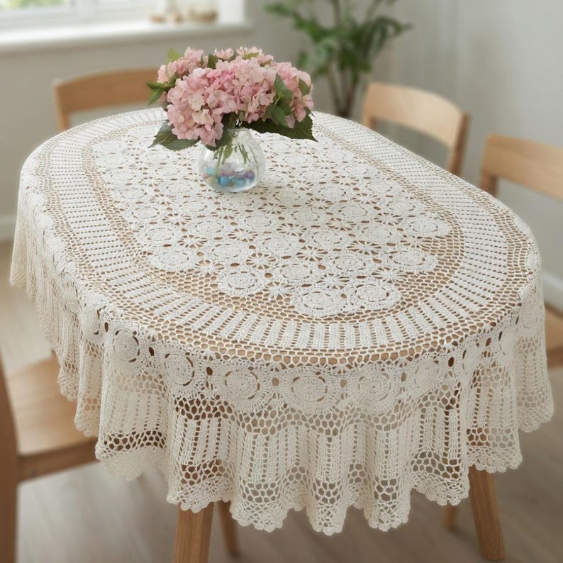 Nappe en dentelle ovale blanche crochet vintage en coton