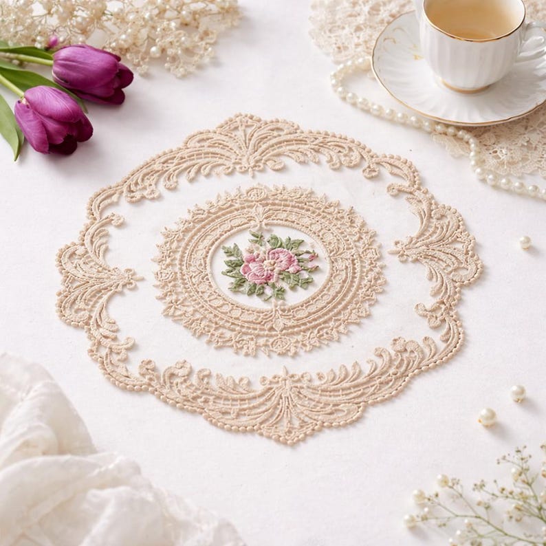 Sets de table en dentelle florale brodée style vintage shabby chic