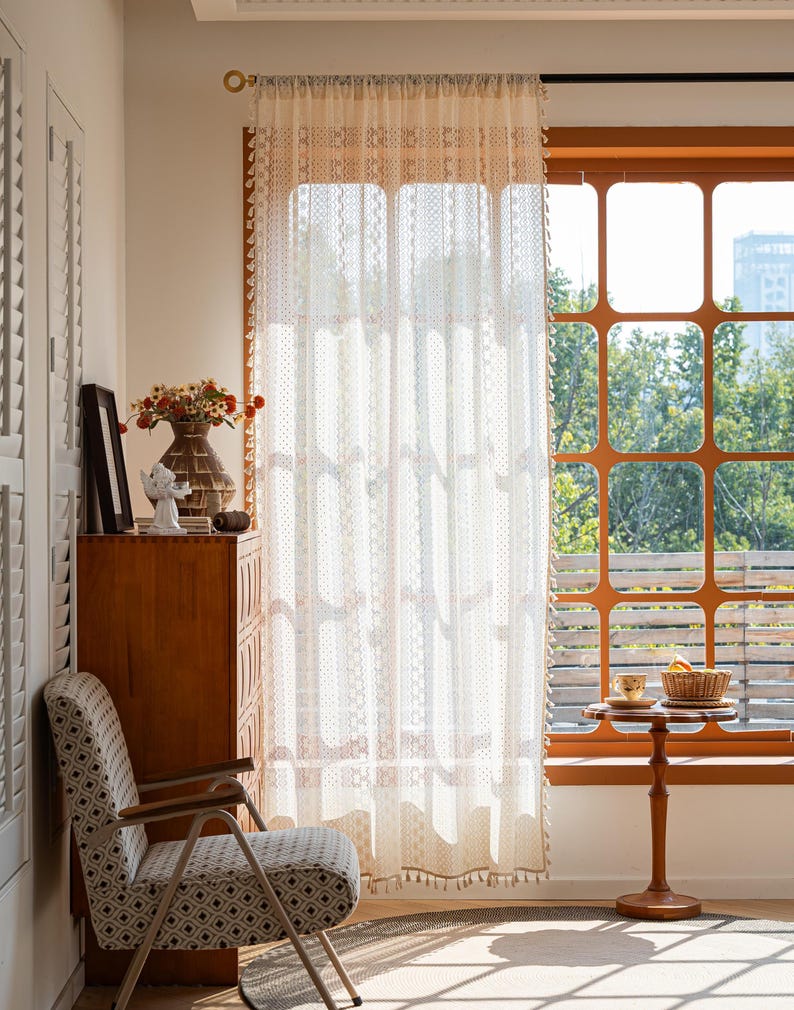 Rideaux de fleurs en dentelle au crochet beige bohème, rideau de cuisine de style campagnard filtrant la lumière, rideau creux avec pampilles, panneau de fenêtre semi-transparent café