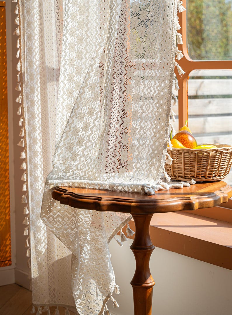 Rideaux de fleurs en dentelle au crochet beige bohème, rideau de cuisine de style campagnard filtrant la lumière, rideau creux avec pampilles, panneau de fenêtre semi-transparent café