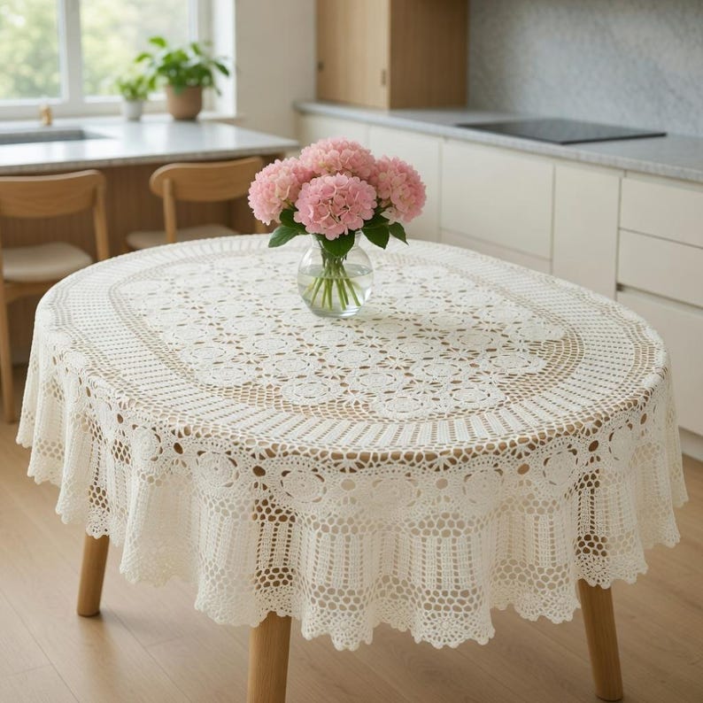 Nappe en dentelle ovale blanche crochet vintage en coton