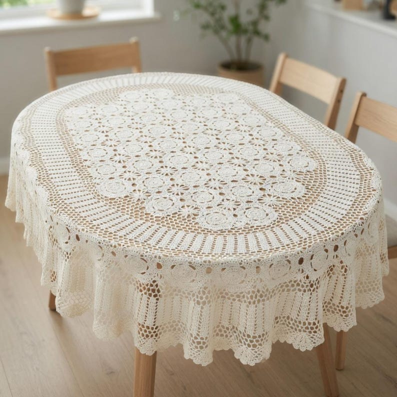 Nappe en dentelle ovale blanche crochet vintage en coton