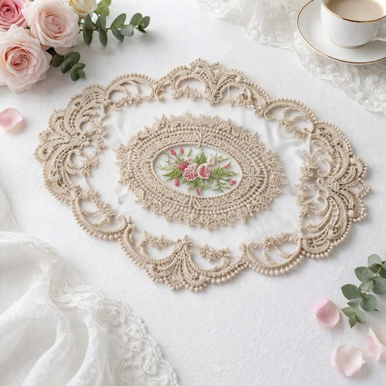 Sets de table en dentelle florale brodée style vintage shabby chic