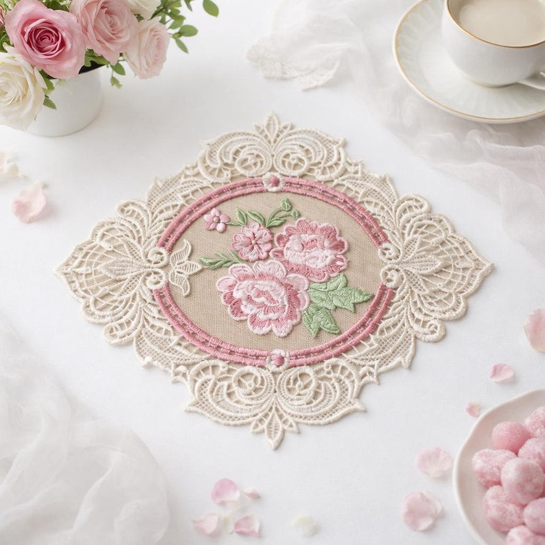 Sets de table en dentelle florale brodée style vintage shabby chic