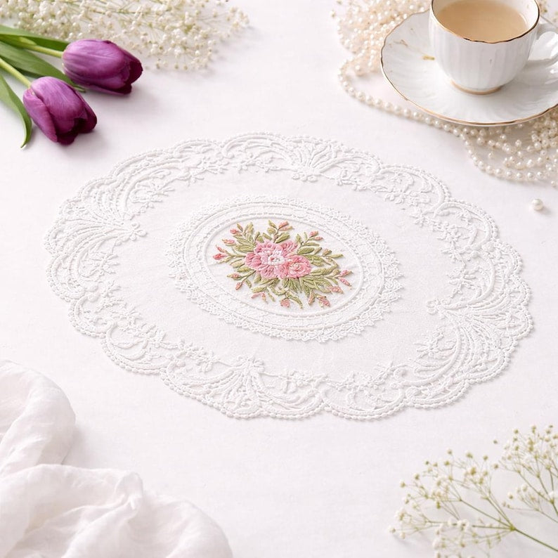 Sets de table en dentelle florale brodée style vintage shabby chic