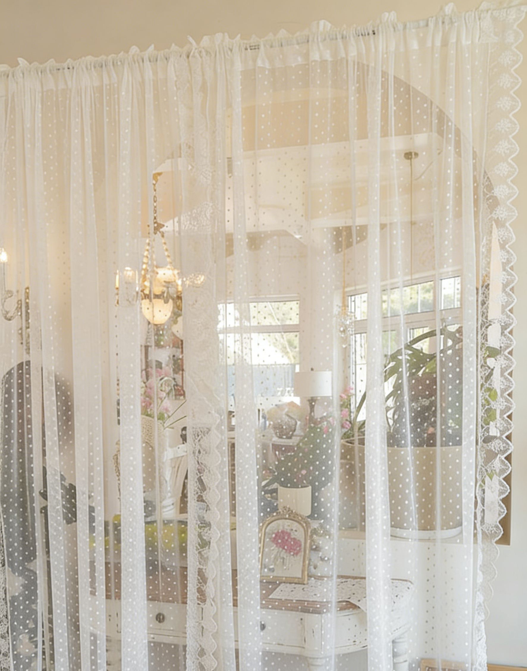 Rideaux en dentelle française blanche à volants