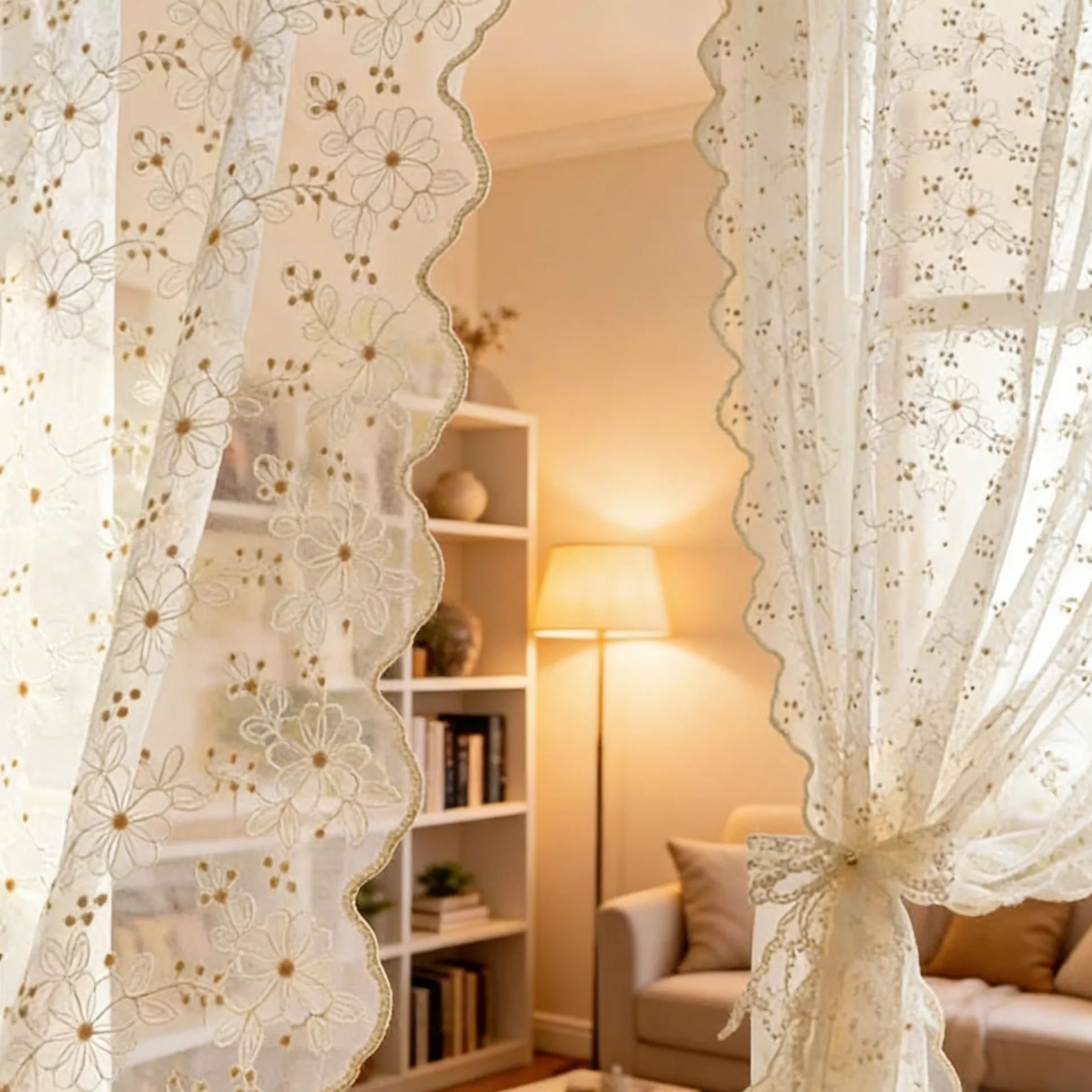 Rideaux en dentelle crème cottage vintage brodé